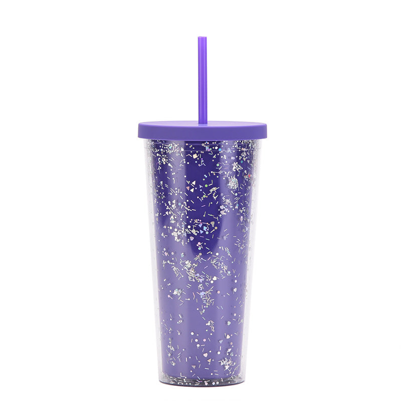 Wholesale  24OZ Double Layer Plastic Cup Sequins Glitter Creative Water Cup with Straw